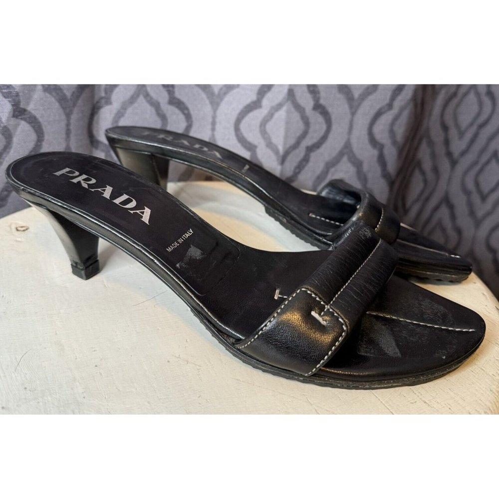 Prada Kitten Heels US 8 Black Open Toe Stitching IT 38 Shoes Women Slip On